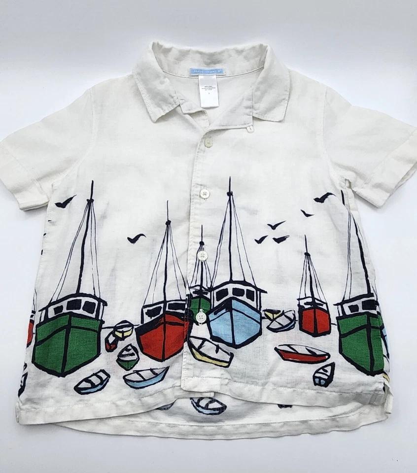 JANIE AND JACK Scenic Harbor Linen Shirt Size 3 Sailboats (Rare) - Image 1 of 4