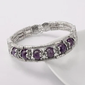 Silver Alloy Bracelet with Natural AMYTHYSTGemstone Beads +Pouch(JB01649) - Picture 1 of 5