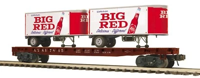 MTH 20-95511 O Premier ATSF Santa Fe Flat Car w(2) Big Red Soda PUP Trailers NEW - Image 1 of 4