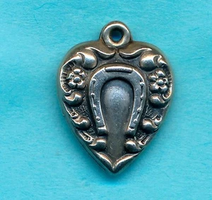 Vintage Sterling Silver PUFFY HEART Repousse Horseshoe Design Charm  - Picture 1 of 2