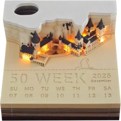 2025 3D Time Piece Calendar Paper Carving Art Pad Memo Led Light Hogwarts Castle