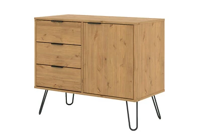 Waxed Pine Retro Small 1 Door 3 Drawer Sideboard Cupboard on Metal Hairpin Legs - Image 1 of 3