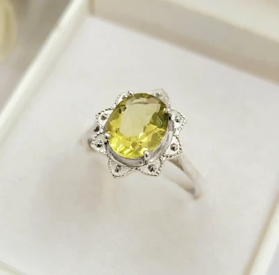 Anillo ovalado de cuarzo limón AAA de plata de ley 925 Art Deco anillo de aniversario para mujer Foto 1 de 4