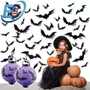 60PCS Adesivo Pipistrello Realistico Halloween Decorazione Spaventosa + 2PCS LED Lampada Lanterna di Carta - Foto 1 di 16