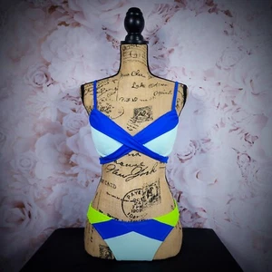 Green and Blue Colorblock Push-Up Cheeky Bikini Set - Imagen 1 de 20