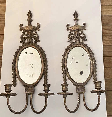 Pair Antique Rococo Silver Girandole Candelabra Mirror Wall Sconces Bellflower Cover