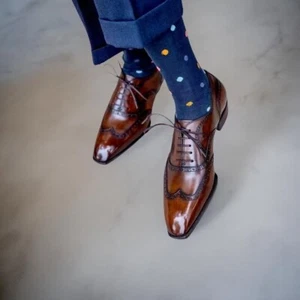 Handmade Brown Brogue Leather Wing Tip Shoe, Lace Up Dress Shoe, Business Shoes - Picture 1 of 5