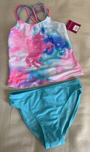 New SO Magic Sparkle TANKINI Unicorn Sz 16 Girl Swimsuit 2 piece NWT Sequin Blue - Picture 1 of 7