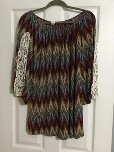 2B Together Women Size 1X Geometric Colorful Tunic Top Blouse Shirt Lace - Picture 1 of 4