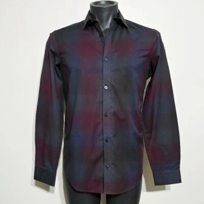 Calvin Klein Shadow Plaid Dress Shirt XS Mens Gradient Burgundy Steel Gray Rare - Image 1 of 4
