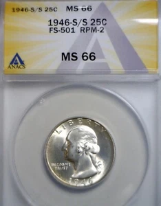 1946s /s ERROR ANACS MS66 RPM #2 Silver Washington Quarter GEM BU Coin FS #501 - Picture 1 of 6