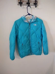 The North Face Girls Reversible Hooded Goose Down Jacket L (14-16) 550 Sky Blue - Picture 1 of 11