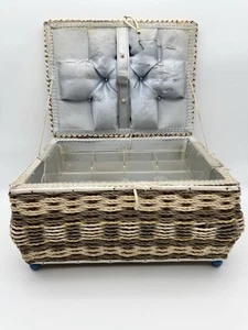 Vtg 1950s Sewing Basket Blue Satin Woven Straw and Wood Style USB 52 Japan - Picture 1 of 17