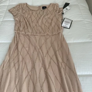 NWT Adrianna Papell Champagne Sand Beaded Sequin Long Gown Dress Size 10 - Picture 1 of 14
