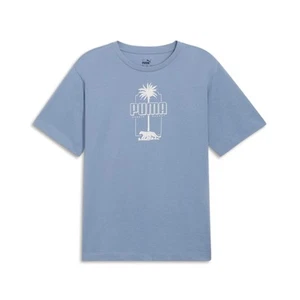 PUMA Essential Palm Resort Graphic Crew Neck Short Sleeve T-Shirt Womens Blue Ca - Picture 1 of 2