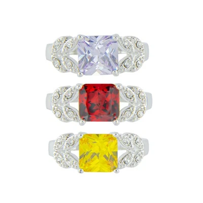 Sparkling Red, Purple & Yellow Princess Cut Cubic Zirconia Three Ring Set-Size 7 Foto 1 de 4