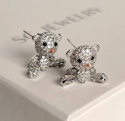 Pendientes de oso de peluche enchapados en platino de plata de ley 925 pendientes de lujo Foto 1 de 4