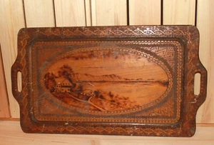 Antique floral hand made pyrography wood serving tray landscape - Picture 1 of 8