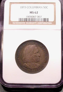 1893 COLUMBIAN EXPOSITION TONED SILVER HALF DOLLAR NGC MS62 US TYPE COIN - Picture 1 of 4