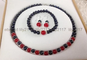 7-8mm Natural Black Pearl Red Jade Round Gems Necklace Bracelet Earring Set 18'' - Picture 1 of 6