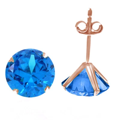 Round Cut Simulated Blue Topaz Solitaire Stud Earrings Push Back 14k Rose Gold - Image 1 of 4