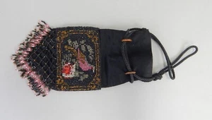 Bolso Monedero Vintage Micro Cuentas Malla Negro Rosa Diseño Pájaro - Imagen 1 de 3