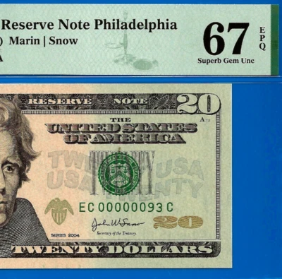 2004 $20 Federal Reserve Note PMG 67EPQ top pop birthday low serial number 93 - Image 1 of 4