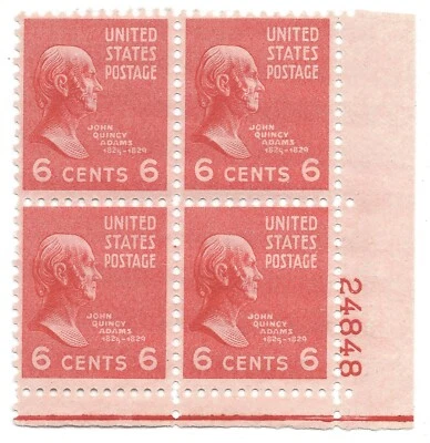 SC#811 1938 Plate Block of 4 stamps 6 cent John Quincy Adams MNH/OG Orange -01 - Image 1 of 2