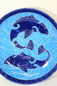 Art Deco Vintage Studio Pottery Large Bowl Stylised Blue Fish Design - Picture 1 of 12