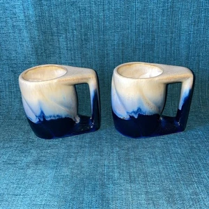 Juego de 2 tazas de café de cerámica artística esmalte por goteo Padilla azul y beige - Imagen 1 de 6