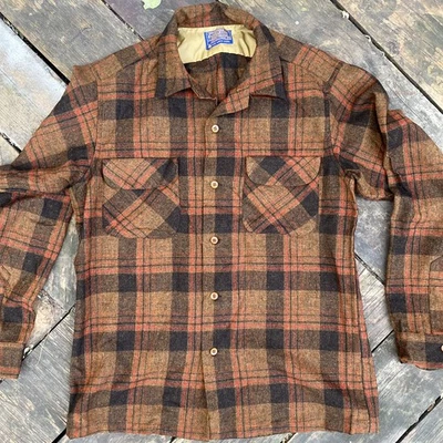 Vintage 1970s Men's Pendleton Loop Collar Rust Brown Black Plaid Board Shirt M - Image 1 of 4