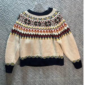 Pull Bear Fair Isle Pullover Damen M creme marine rot gelb Schneeflockenmuster - Bild 1 von 6