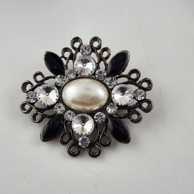 Gothic Victorian Dark Metal Pin, Faux Pearl Center, Black Enamel, Clear Stones - Image 1 of 3