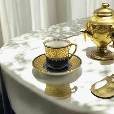 M Redon Limoges Antique Porcelain Blue Gold Scroll Demitasse Cup Saucer France - Image 1 of 4