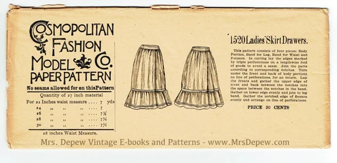 Antique 1890s Cosmopolitan Sewing Pattern Ladies' Skirt Drawers Waist 28 Cover