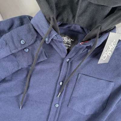 New Eighty Eight Shacket Men M Corduroy Hooded Shirt Button L/S Blue Drawstring - Image 1 of 4