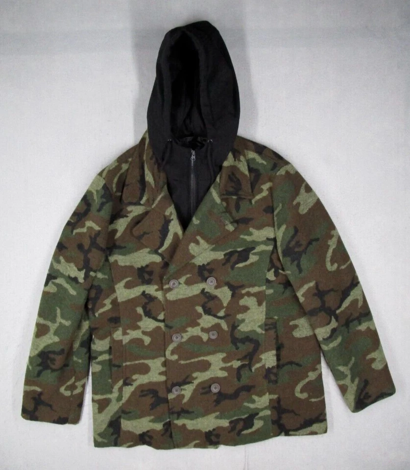 Jaqueta American Rag Masculina 2XL XXL Verde Camuflagem Botão para Cima Casaco Ervilha Zíper Moletom com Capuz - Imagem 1 de 4