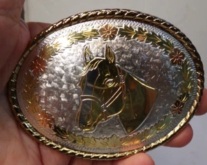 HORSE HEAD 3 Color Flower Belt Buckle Marked W USA 3.75" x 2.75" 1.5"belt - Picture 1 of 4
