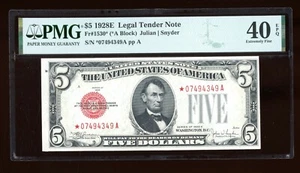 DBR 1928-E $5 Legal STAR Fr. 1530* PMG XF-40 EPQ Serial *07494349A - Picture 1 of 2