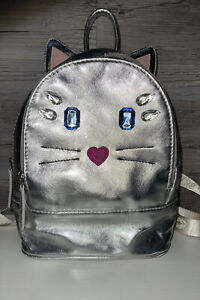 Betsey Johnson Luv Silver Kitty Cat Rhinestone 10” Mini Backpack Metallic Purse