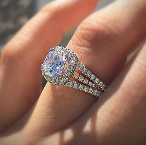 2.20Ct White Round Simulated Diamond Double Halo Frame Wedding 925 Silver Ring - Picture 1 of 5