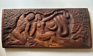 ADAM AND EVE SCULPTURE WOOD CARVING SNAKE GARDEN OF EDEN SIGNED MID CENTURY ART - Picture 1 of 21