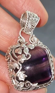SARDA STERLING SILVER VIOLET FLUORITE BEZEL SET ARTISAN BALI FLORAL PENDANT 1.5" - Picture 1 of 24