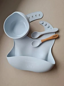 Personalised baby weaning gift silicone suction bowl spoon bib waterproof - Picture 1 of 22