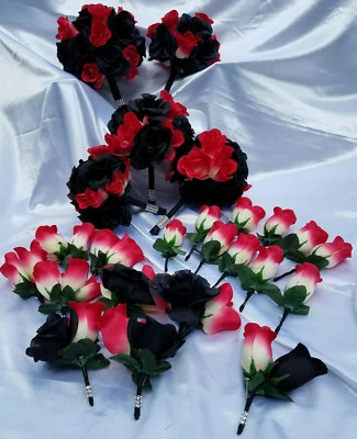 24 Pc Black Rose, Pink / Yellow Rose Bridal Bouquet Set, Wedding Bouquet Package - Image 1 of 4