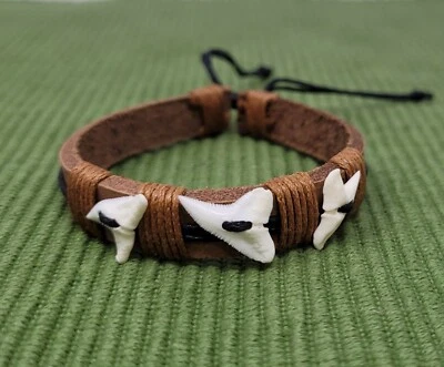 Real Shark Tooth Bracelet Shark Teeth Bracelet Adjustable Leather Bracelet - Image 1 of 4