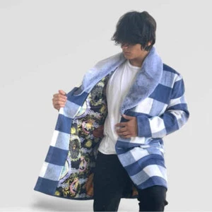 Men's Manzini White | Sky Blue Plaid Faux Fur Casual Overcoat NWT - Picture 1 of 10