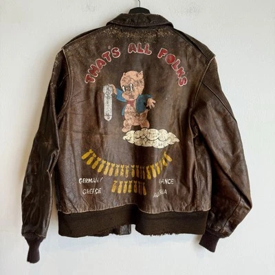 Original WWII Painted Army Air Corps A2 Flight Jacket Porky Pig That’s All Folks - Image 1 of 4