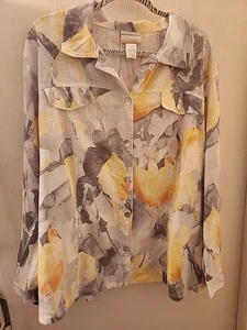 NWOT Alfred Dunner LINEN RAYON BLEND LOVELY YELLOW AND GRAYS BUTTON UP TOP~ S 3X - Picture 1 of 12