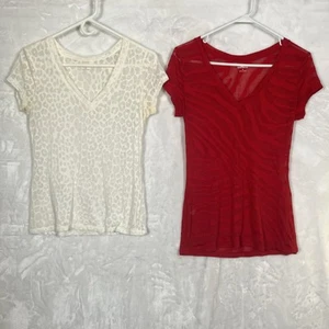 EXPRESS women’s V-neck Sheer Animal Print t-shirt Sz M Lot of 2 Red & White - Picture 1 of 19